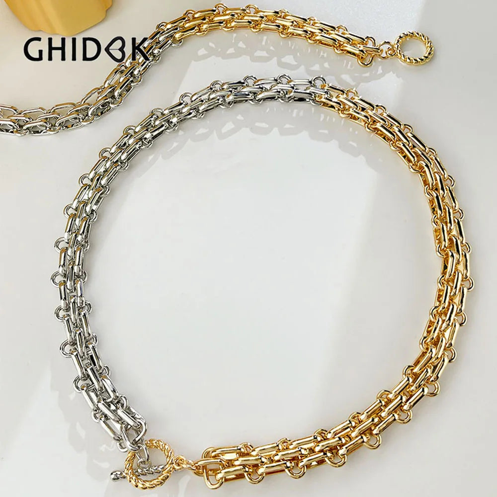 Hip Hop Two Tone Thick Wide Link Chains Chunky Necklace for Woman OT Buckle Metal Choker Necklaces Statement Jewelry Gift-Dollar Bargains Online Shopping Australia
