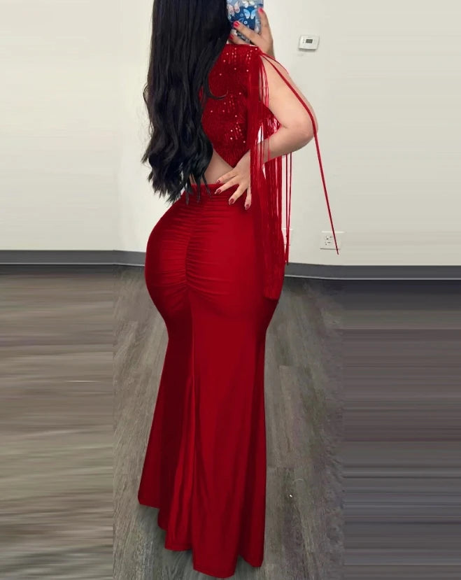 Elegant Evening Party Dresses for Women Sexy Contrast Sequin Ruched Slit Evening Dress-Dollar Bargains Online Shopping Australia