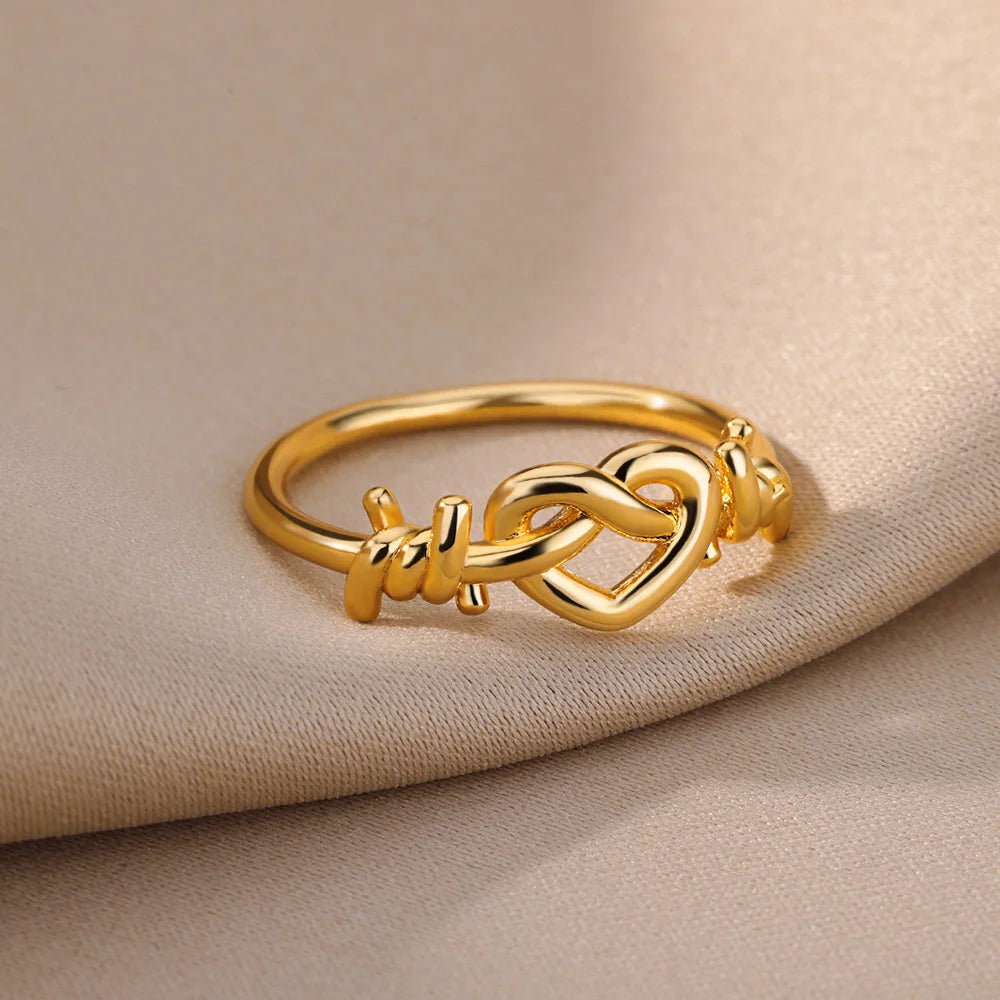 Stainless Steel Heart Rings for Women Vintage Gold Color Twist Barbed Wire Finger Ring Aesthetic Jewelry Gifts-Dollar Bargains Online Shopping Australia