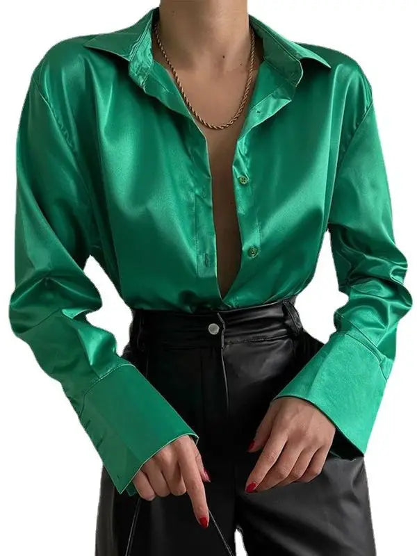 Autumn Shirt Women's Polo Collar Office Lady blouse Vintage Blue Green Shirt Loose Button Up Down Shirts Black Fashion Tops-Dollar Bargains Online Shopping Australia