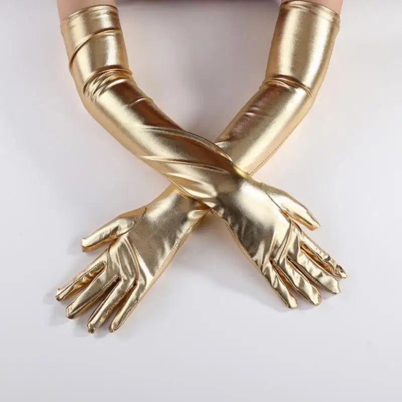 Gold Silver Wet Look Fake Leather Metallic Gloves Evening Party Performance Mittens Women Sexy Elbow Length Long Latex Gloves-Dollar Bargains Online Shopping Australia