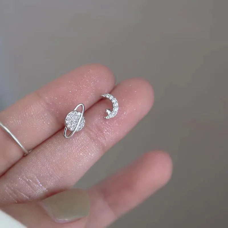 Planet Earrings Silver Color Piercing for Women Moon Star Crystal Zircon Ear Stud Earrings Tragus Cartilage Body Jewelry-Dollar Bargains Online Shopping Australia