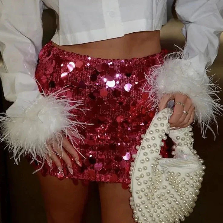Women Sequins Skirt High Waist Sexy Party Mini Skirt Side Zipper Elegant Female Y2k Chic Rose Red Skirts