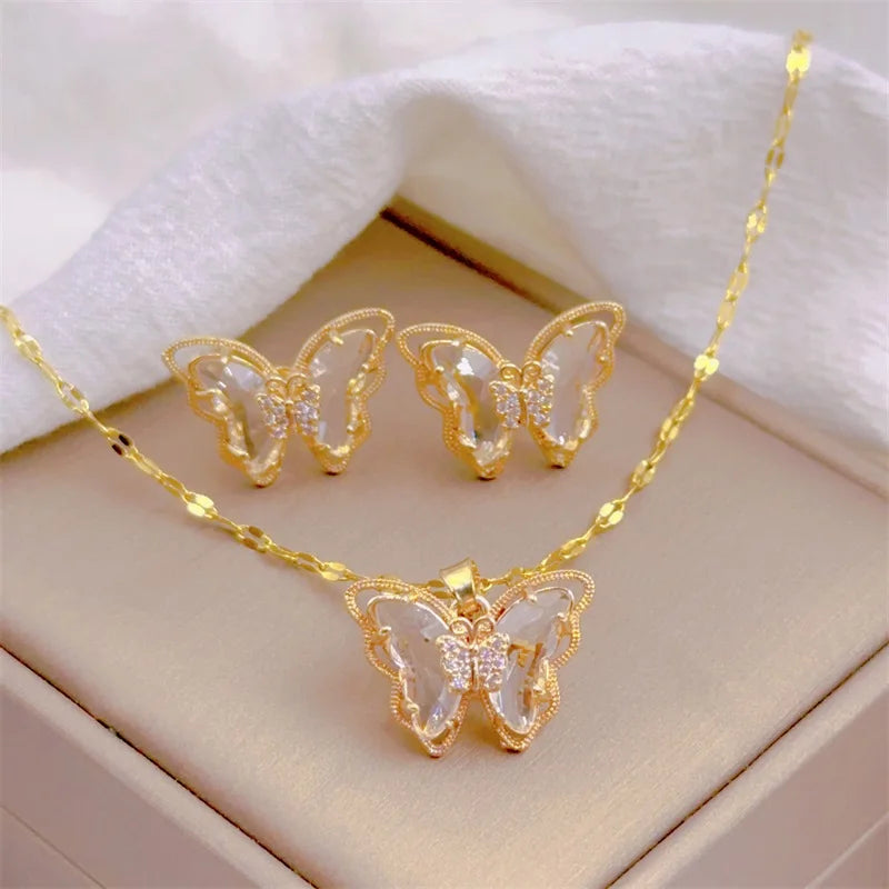 Micro-inlaid Butterfly Necklace Earrings Set Classic Light Luxury Transparent Stainless Steel-Dollar Bargains Online Shopping Australia