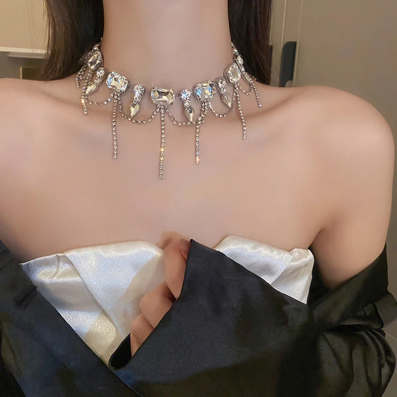 Geometric Square Crystal Choker Necklaces for Women Long Tassel Clavicle Chain Necklaces Statements Jewelry Gifts-Dollar Bargains Online Shopping Australia