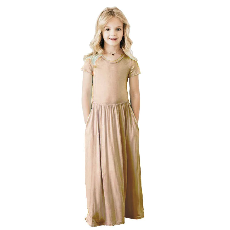 Girls Short Sleeved Long Dress Beach Party Birthday Casual Fashion Show Versatile A-Line Dress-Dollar Bargains Online Shopping Australia