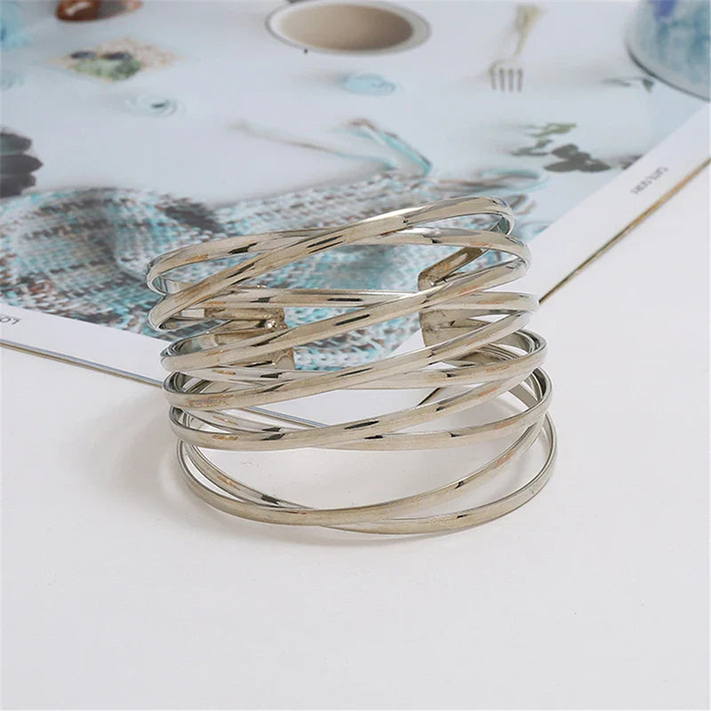 Punk Multilayer Metal Wires Strings Bracelets Bangles For Women Vintage Exaggerated Gold Color Wide Open Cuff Bangles Jewelry-Dollar Bargains Online Shopping Australia