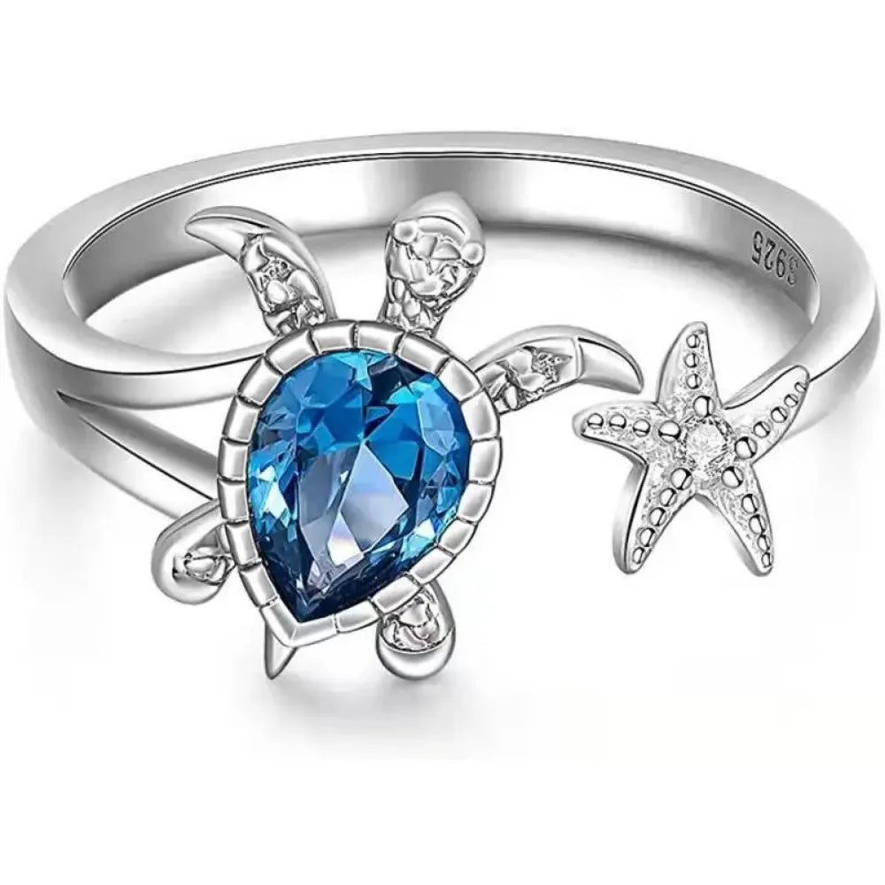Sea Turtle Starfish Rings for Women Blue Topaz Cute Ocean Animal Cubic Zirconia Jewelry Girl Birthday Party-Dollar Bargains Online Shopping Australia