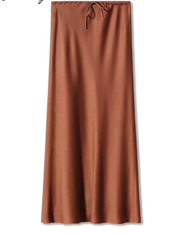 A Line Long Satin Skirts For Women Black High Waist Maxi Beige Skirts Silk Lace Up Long Skirt Women
