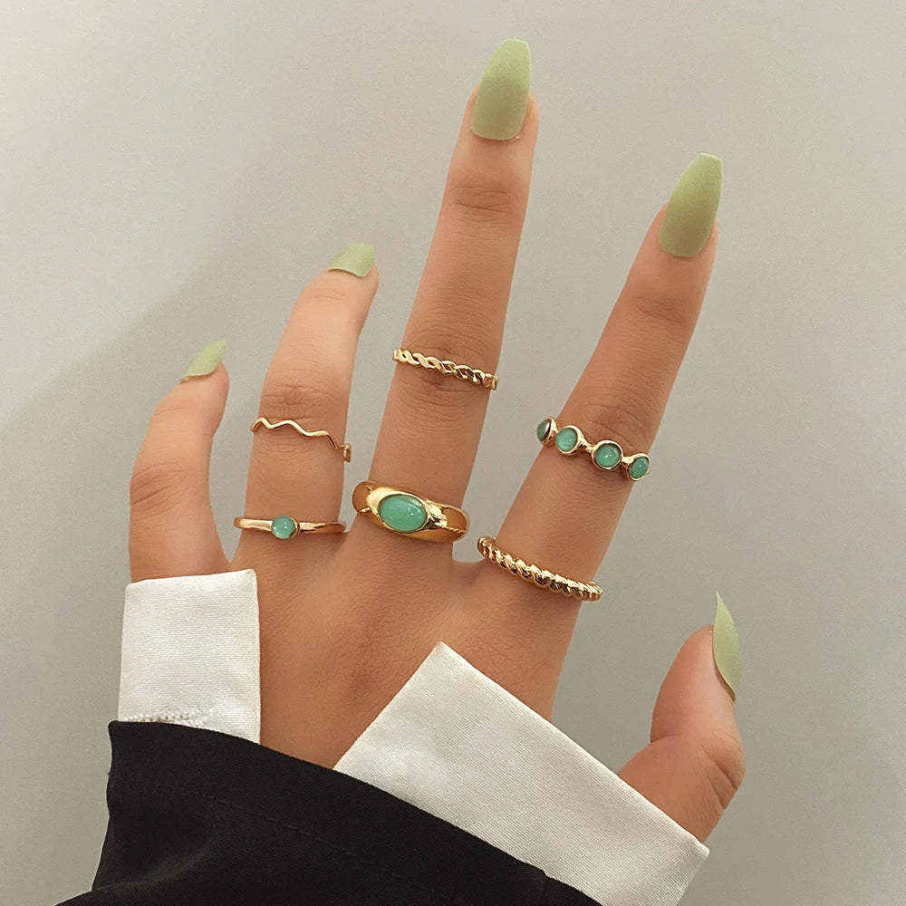 Elegant Emerald White Rings Set for Women Vintage Crystal Geometric Finger Ring Fashion Jewelry-Dollar Bargains Online Shopping Australia