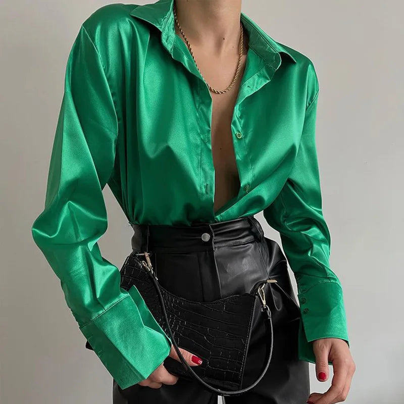 Autumn Shirt Women's Polo Collar Office Lady blouse Vintage Blue Green Shirt Loose Button Up Down Shirts Black Fashion Tops-Dollar Bargains Online Shopping Australia