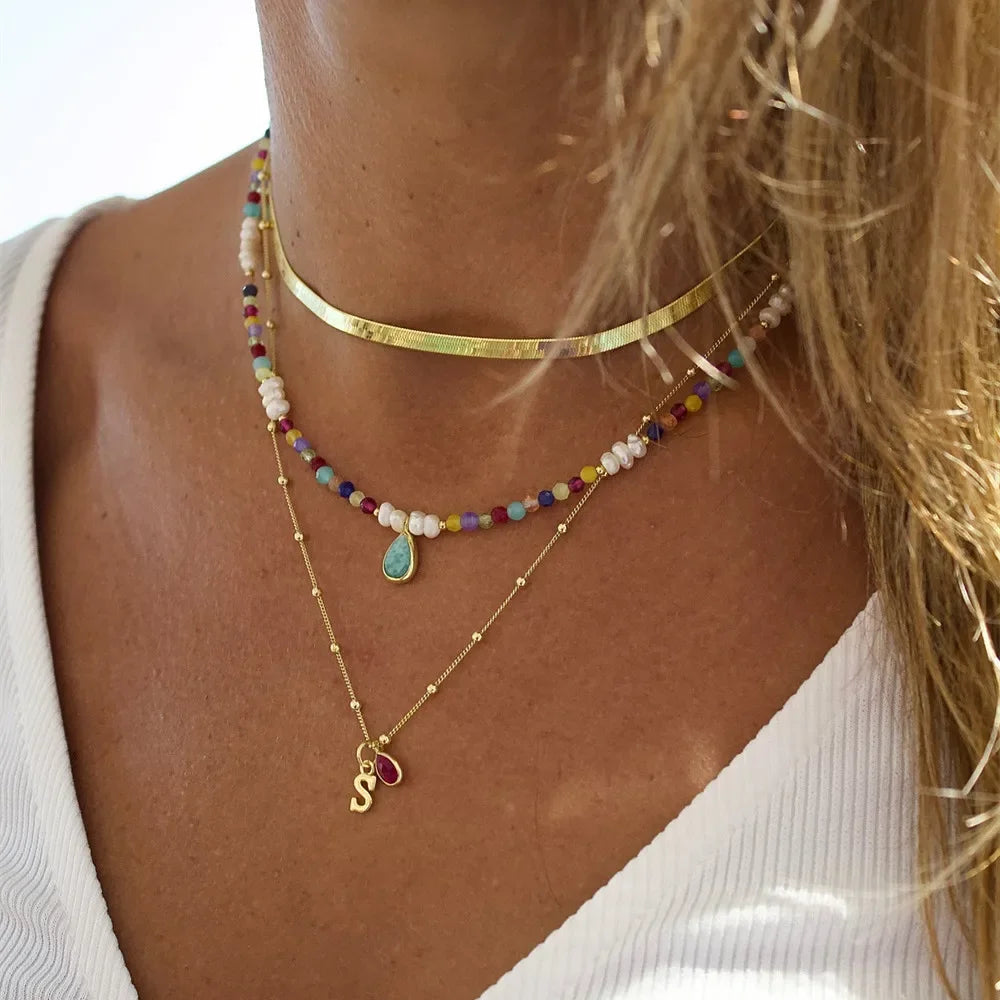 Multilayer Boho Colorful Bead Chain Necklace For Women Female Crystal Water Drop Metal Letter Pendant Jewelry Gift-Dollar Bargains Online Shopping Australia