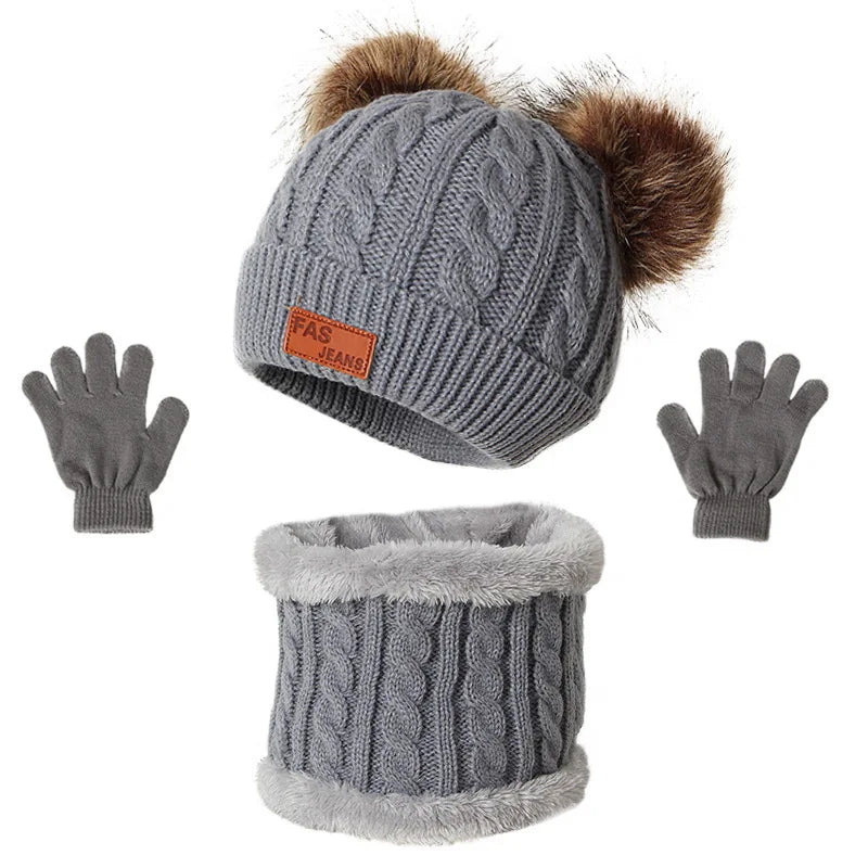 Children Winter Warm Suits Knitted Hat Scarf and Gloves Set For Girls Boy Pompoms Baby Beanies Cap Christmas Gifts For Kids 1-5y-Dollar Bargains Online Shopping Australia