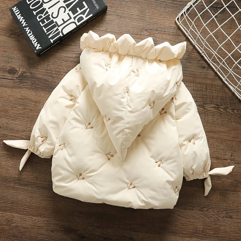 Cute Hooded Cotton Coat For Baby Girls Solid Cherry Embroidery Warm Padded Jacket Autumn Winter Toddlers Kids Fashion Outerwear