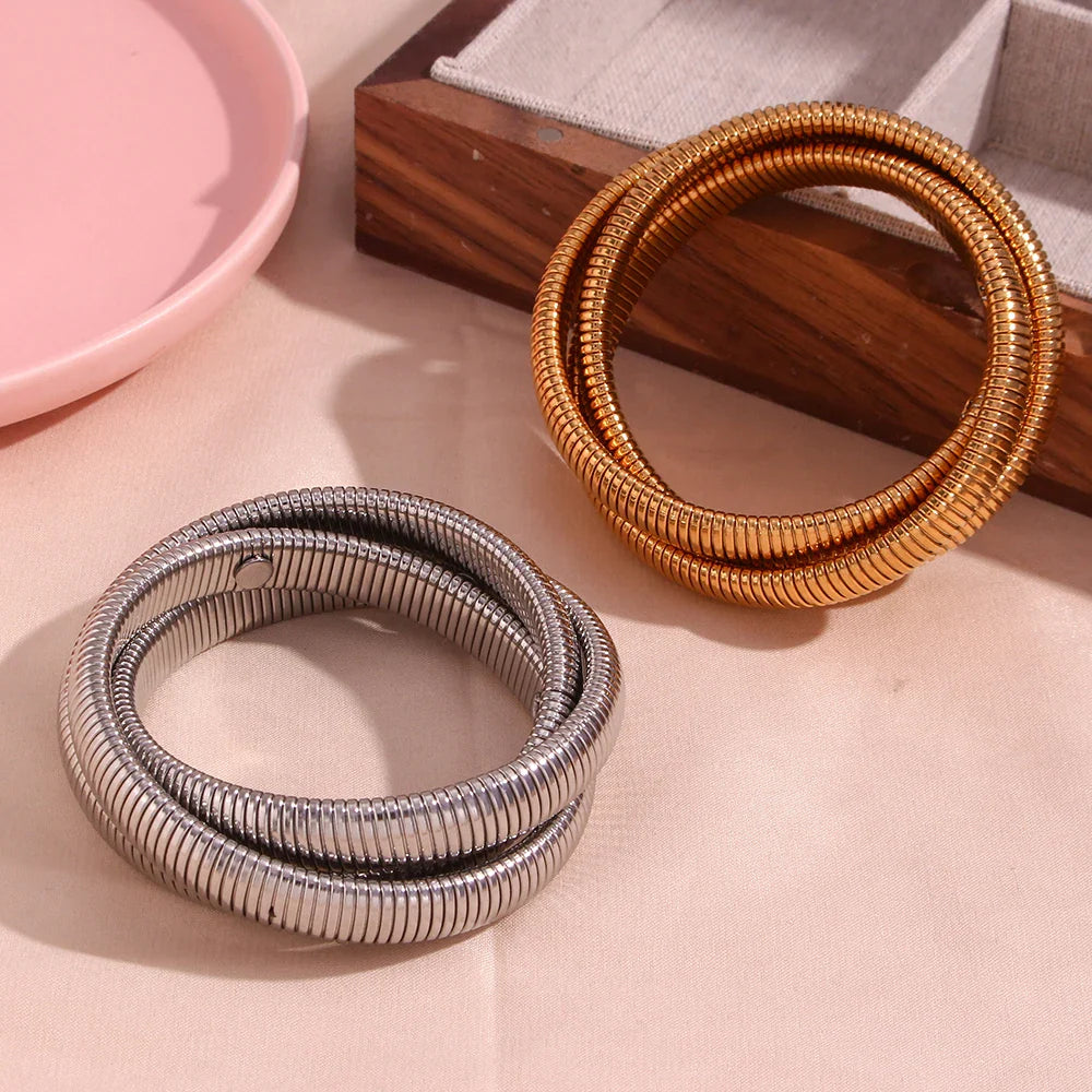 Stainless Steel PVD Gold Plated Mixed Popular 3 Layers Wrapped Bracelets Bangles For Women Elastic Chain Bangle