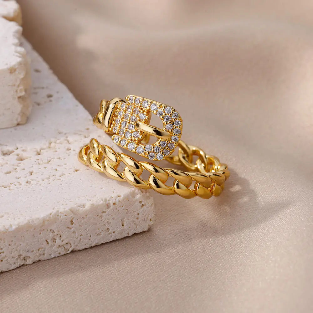 Belt Chain Rings for Women Men Gold Color Stainless Steel Ring Trend Luxury Korean Fashion Aesthetic Jewelry