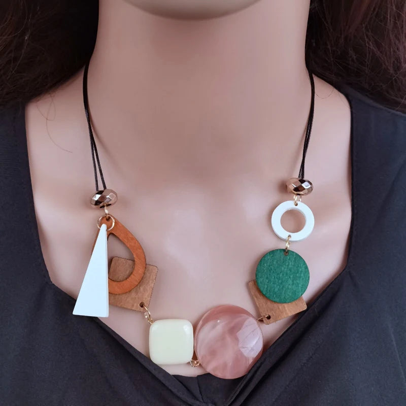 Vintage Wooden Geometric Pendant Necklace with Collar Handmade Ethnic Statement Bib Necklaces for Women Neck-Dollar Bargains Online Shopping Australia