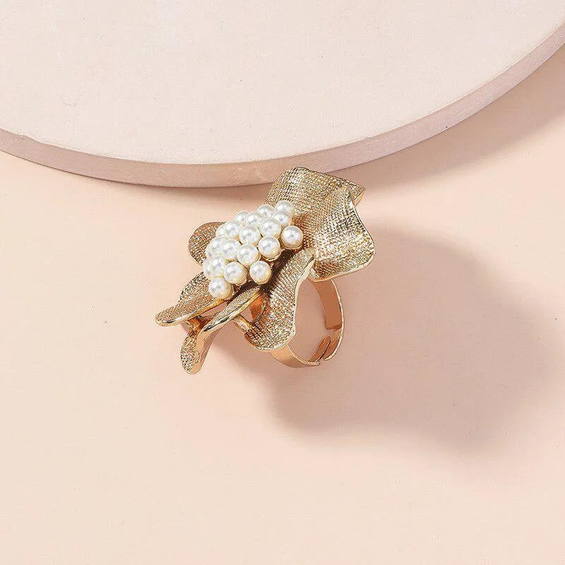 Pearl Flower Rings for Women Retro Simple Adjustable Opening Finger Ring Party Trendy Jewelry Accessories Gifts-Dollar Bargains Online Shopping Australia