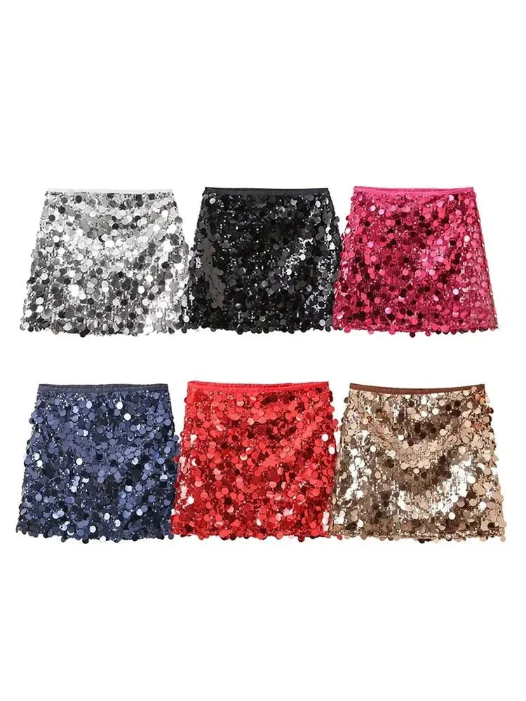 Women Sequins Skirt High Waist Sexy Party Mini Skirt Side Zipper Elegant Female Y2k Chic Rose Red Skirts