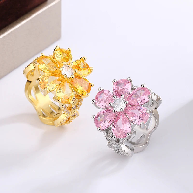 Exquisite Colorful Zircon 925 Silver Ring Women for Ring Fashion Pink Flowers Women's Engagement Ring Party Jewelry Peach-Dollar Bargains Online Shopping Australia