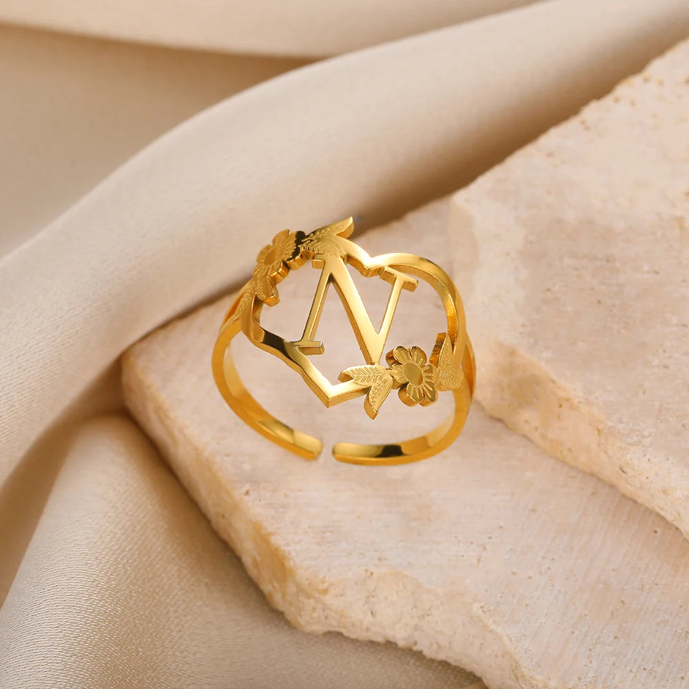 Stainless Steel Initials Flower Heart Rings Gold Color Adjustable Delicate Letter Leaf Rings For Women Girl Alphabet Jewelry-Dollar Bargains Online Shopping Australia