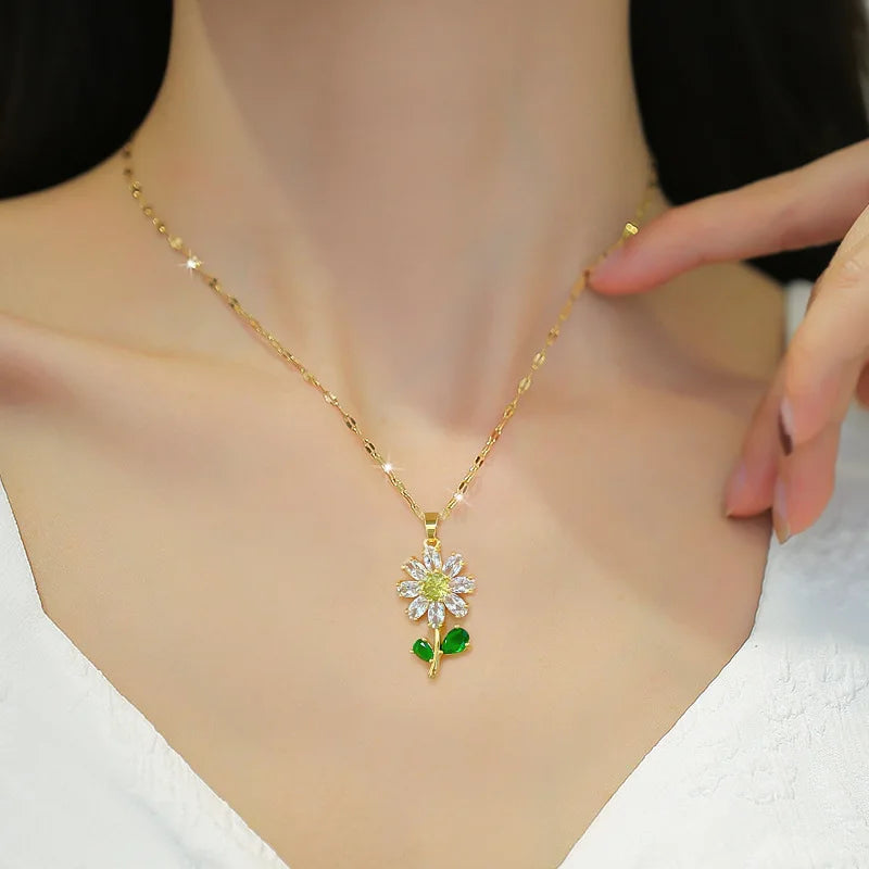Classic Green Leaf Flower Necklace and Earrings Set Light Luxury Sunflower Personalized Banquet Stainless Steel Jewelry-Dollar Bargains Online Shopping Australia