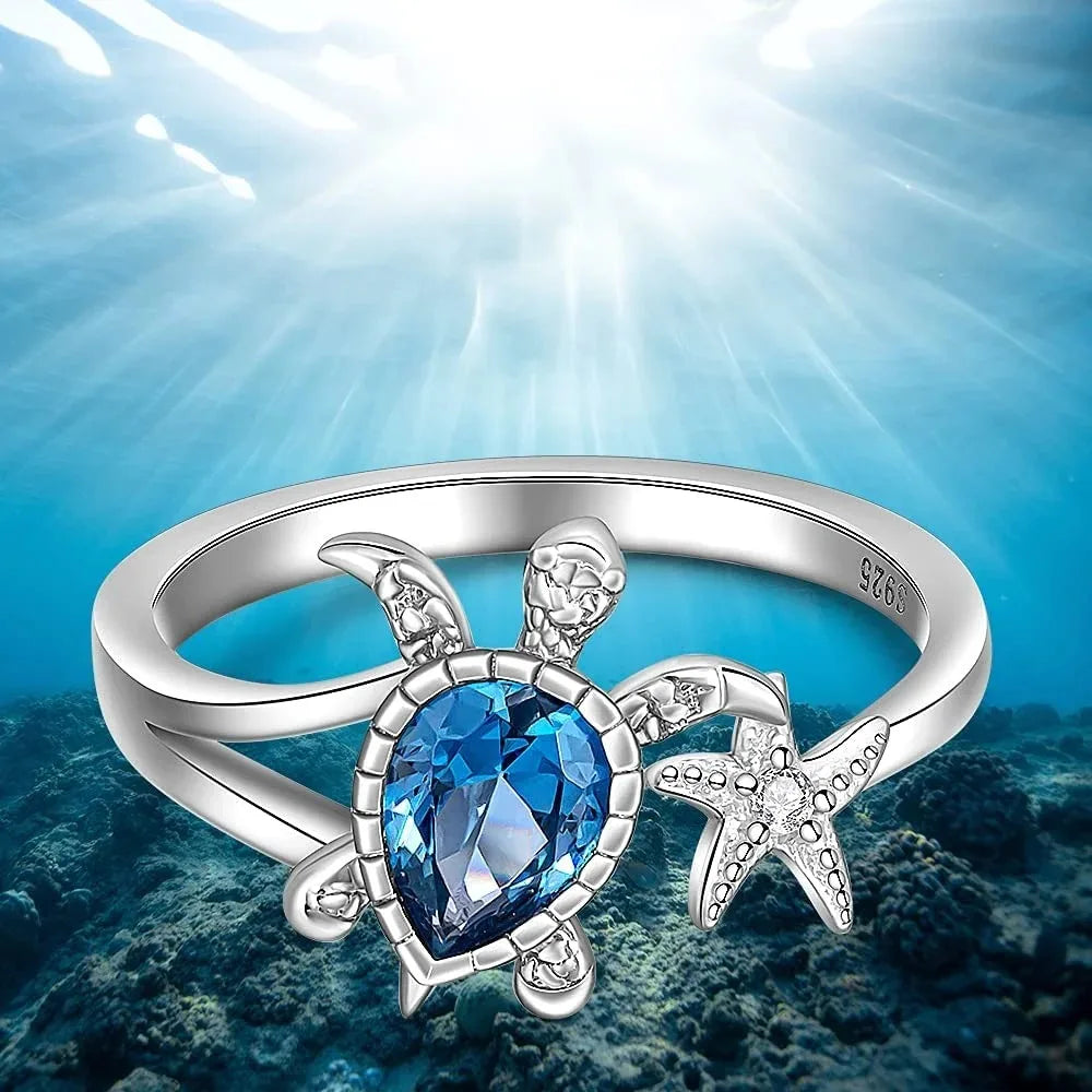 Sea Turtle Starfish Rings for Women Blue Topaz Cute Ocean Animal Cubic Zirconia Jewelry Girl Birthday Party-Dollar Bargains Online Shopping Australia