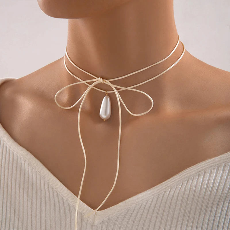 Pearl Stone Choker Necklace Elegant Trend Lace up Rope Clavicle Chain for Women-Dollar Bargains Online Shopping Australia