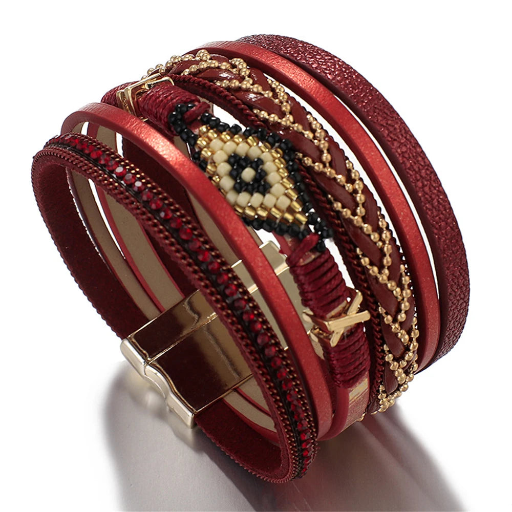 Multilayer Handwoven Leather Bracelet for Women Magnet Buckle Wide Bracelet Rice Bead Woven Devil's Eye Leather Bracelet-Dollar Bargains Online Shopping Australia