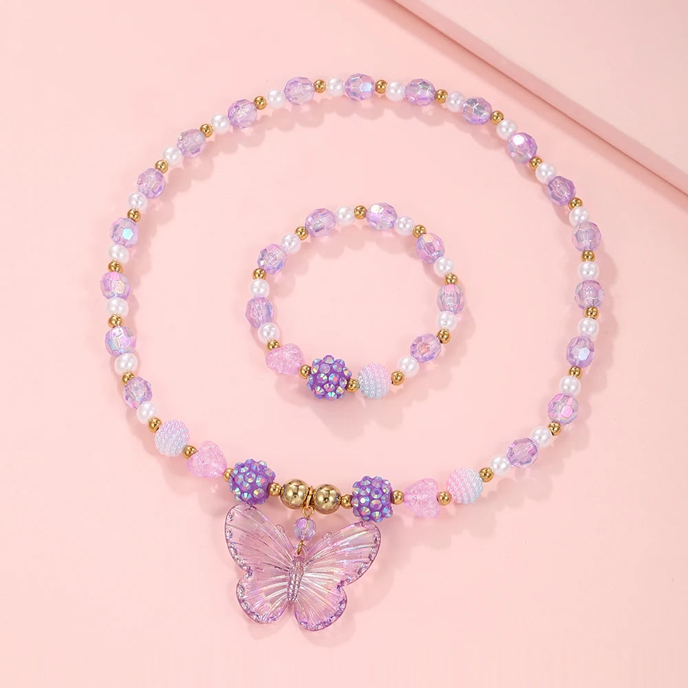 2Pcs/set Pink Butterfly Charm Necklace Bracelet Princess Girl Jewelry Set for Daughter Niece Children Best Party Birthday Gifts-Dollar Bargains Online Shopping Australia