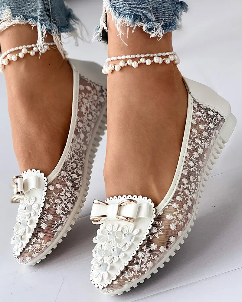 Summer Breathable Solid Color Vulcanized Shoes Floral Embroidery Bowknot Loafers Women Non-slip Flower Sneakers-Dollar Bargains Online Shopping Australia