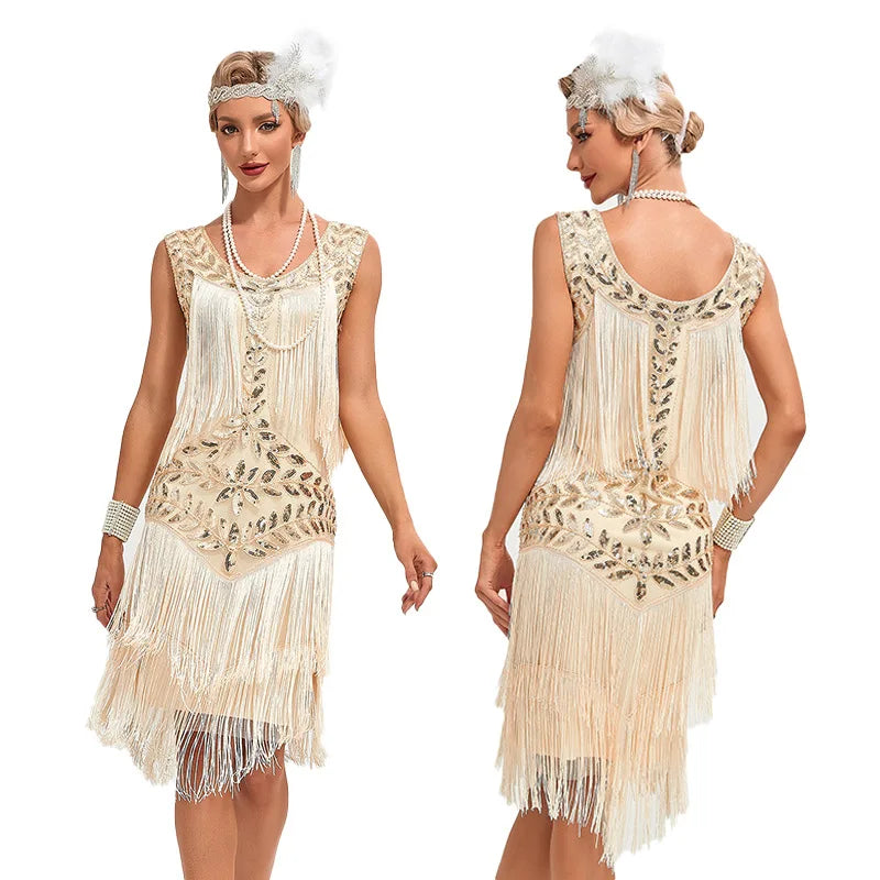 1920s Vintage Dress Beaded Sequin 30S Flapper Dresses Prom Wedding Women Vintage Dress Big Neck Beaded Fringed Fashion Tassels