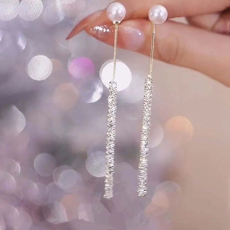 Korean Long Tassel Pearl Dangle Earrings for Women Luxury Full Rhinestone Gold Color Drop Earrings Wedding Party Jewelry Gift