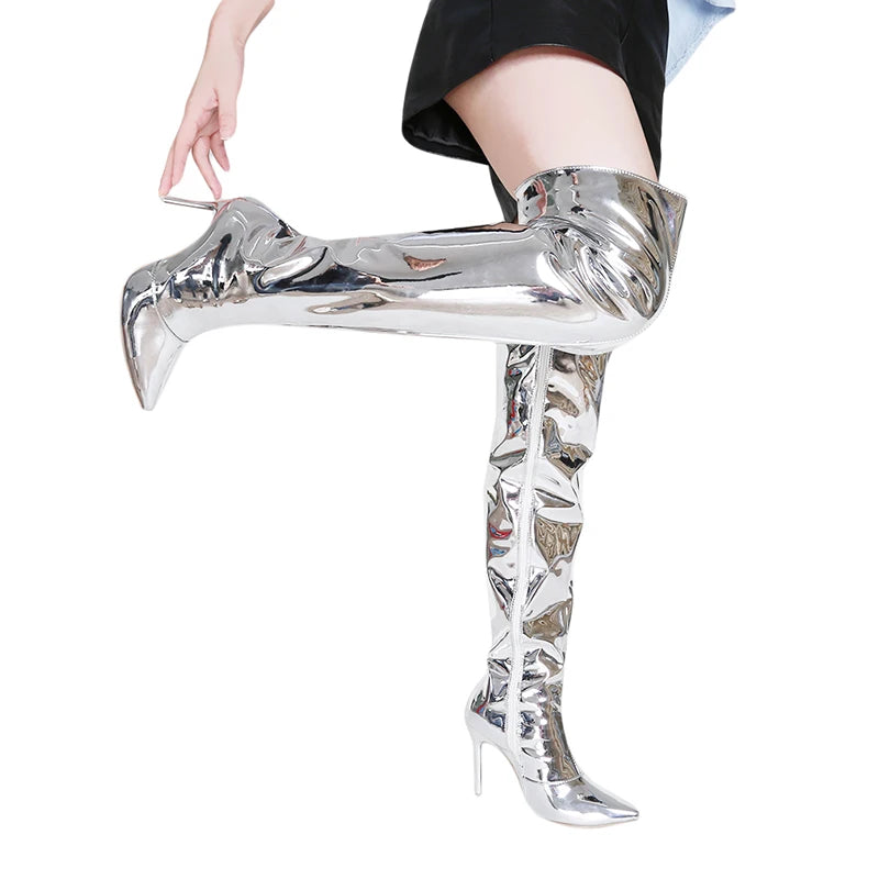 Women Sexy Silver Mirror Thigh High Boots T Show Pointy Toe Club Party Shoes Thin High Heels Over The Knee Long Boots For Women-Dollar Bargains Online Shopping Australia