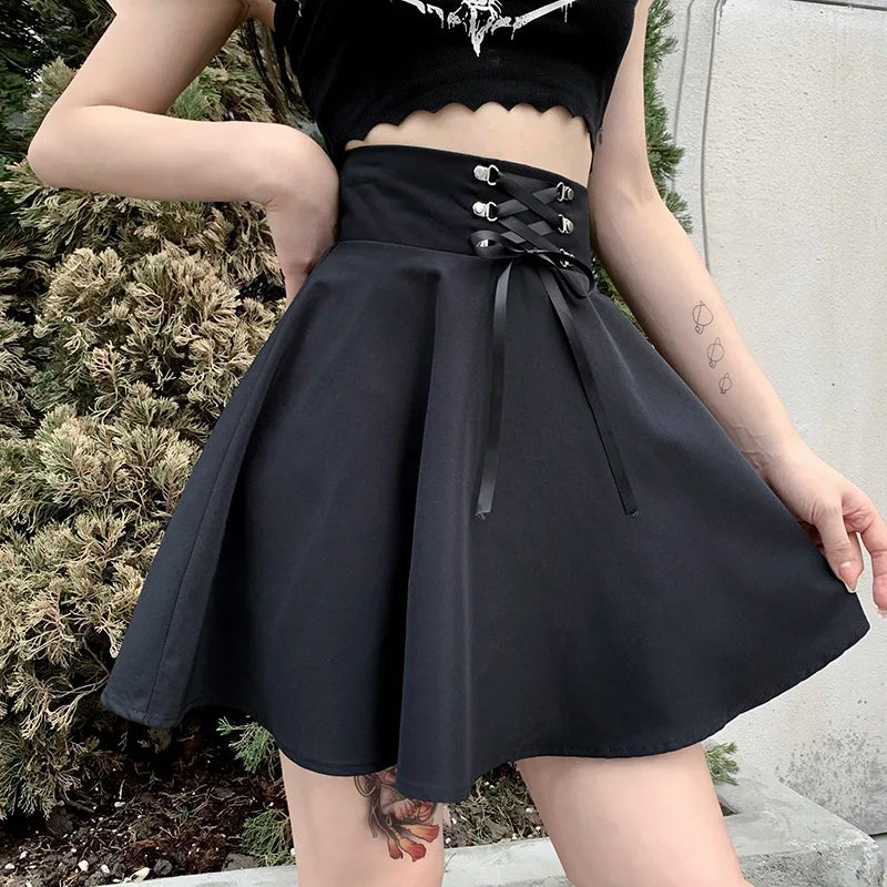 Basic Versatile Flared Casual Mini Skater Skirt High Waisted School Goth Punk Black Skirt Harajuku