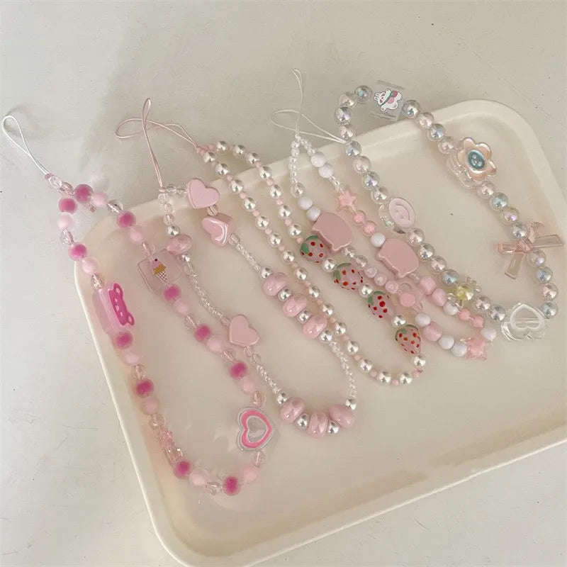 Simple Pink Bear Heart Strawberry Bowknot Flower Acrylic Imitation Pearl Beaded Phone Chain for Women Girls Sweet Accessories-Dollar Bargains Online Shopping Australia