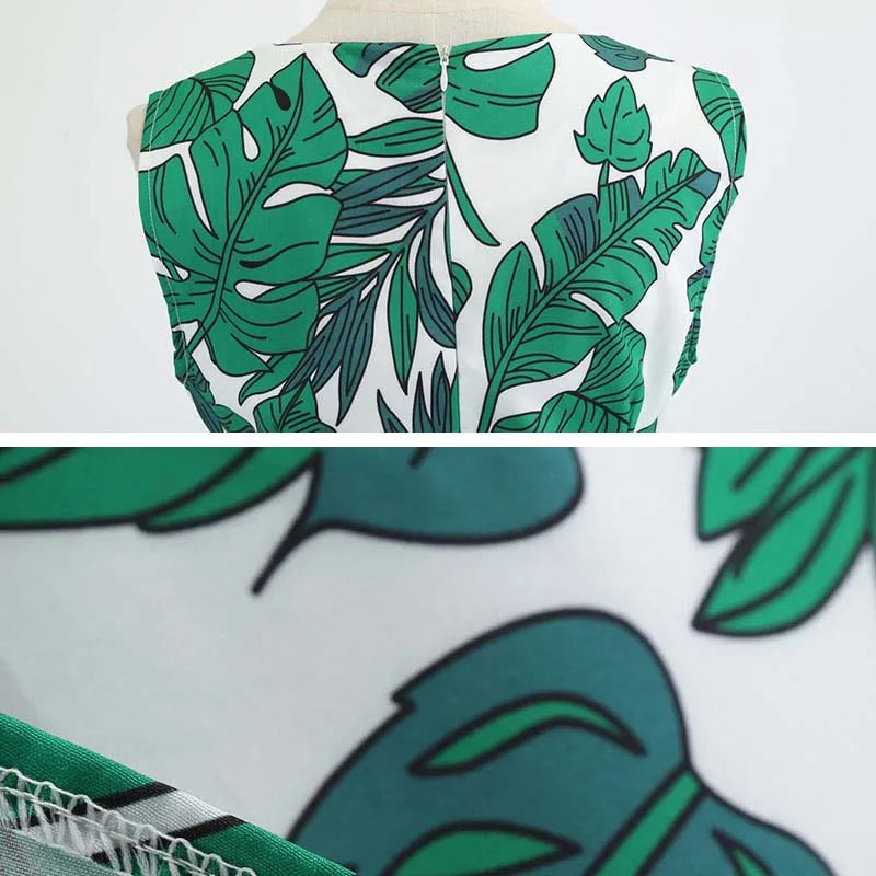 Women Summer Dress Sleeveless Green Leaf Print Midi Dress O Neck Retro Vintage Party Robe-Dollar Bargains Online Shopping Australia