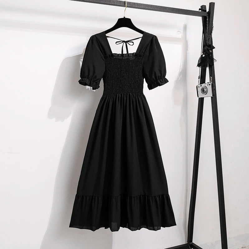 Chiffon Dresses Fashion Female Elastic Waist Short Sleeve Pleated Casual Dress Women A-line Dresses-Dollar Bargains Online Shopping Australia