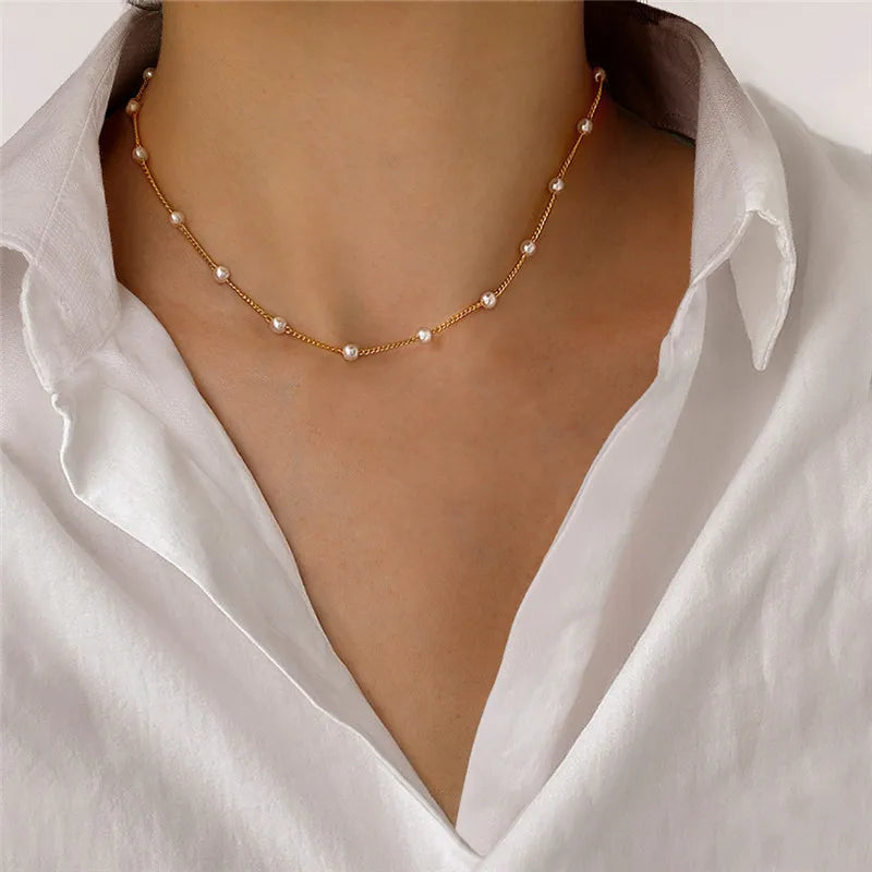 Women Choker Necklace Double Layer Beads Necklace Gift for Friend Silver Color Geometric Necklace Wholesale Collar Jewelry-Dollar Bargains Online Shopping Australia