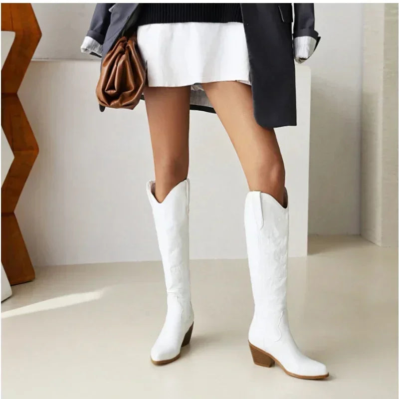Pointed Toe Knight Boots for Women Brown PU Leather Knee High Boots Woman Autumn Winter Western Cowboy Long-Dollar Bargains Online Shopping Australia