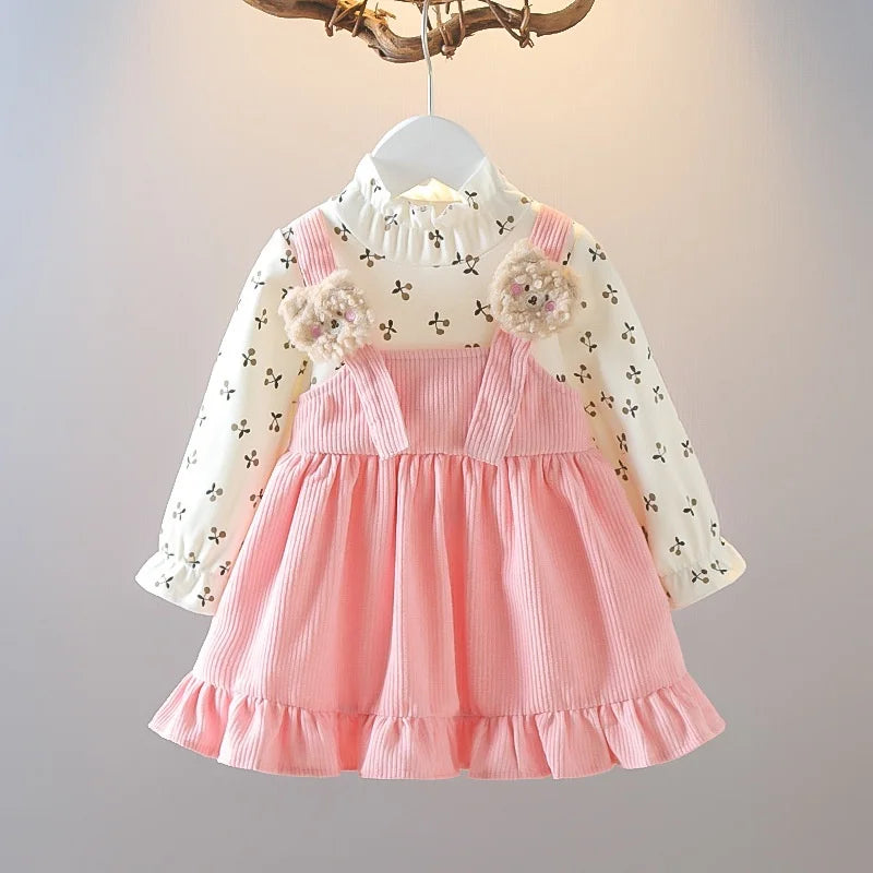 Kid Girl Long Sleeve Dress Floral Lovely Bear Corduroy Strap Style Dress Fashion Cute Photograph Outfit for Child Girl 1-6 Years-Dollar Bargains Online Shopping Australia