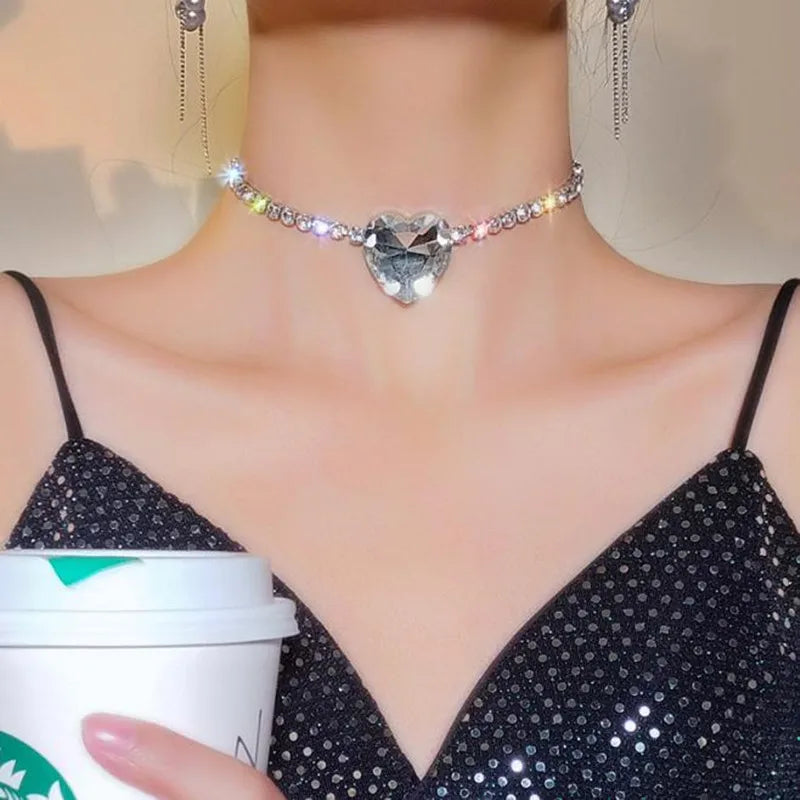 Shine Big Heart Crystal Choker Necklaces for Women Geometric Rhinestones Necklaces Statement Jewelry Party Gifts-Dollar Bargains Online Shopping Australia
