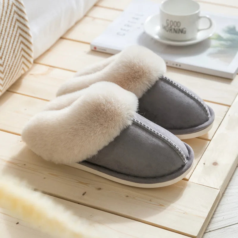 WinterFur Slippers Women Luxury Faux Suede Plush Couple Cotton Shoes Indoor Bedroom Flat Heels Fluffy Slippers-Dollar Bargains Online Shopping Australia