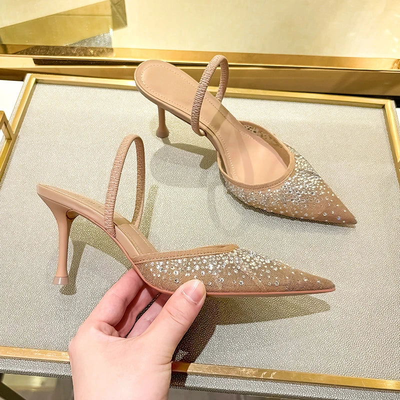 Glitter Rhinestone Pointed Slippers Women High Heel Summer Flip Flops Female Designer Sandals Breathable Mesh Mule Pumps Women-Dollar Bargains Online Shopping Australia