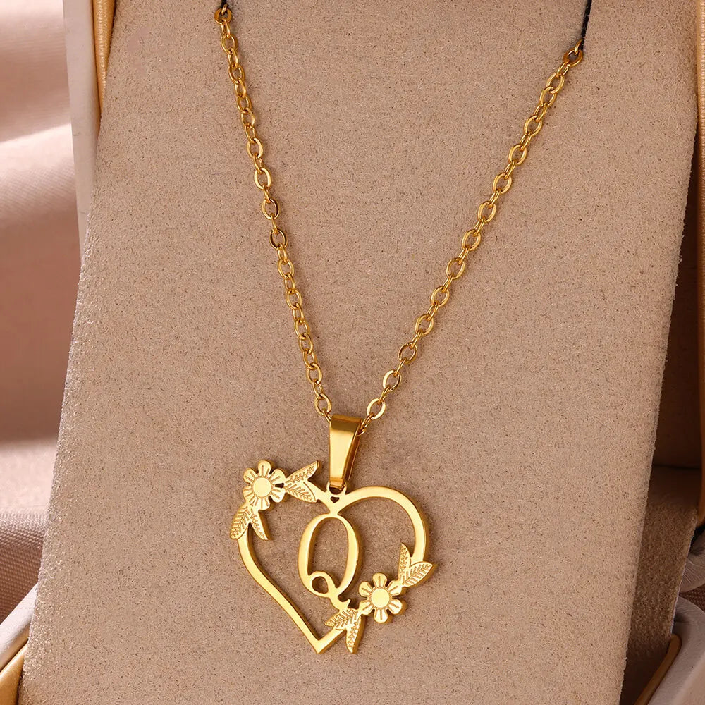 Gold Color Dainty Flower Initials Necklace Women Girl Stainless Steel Heart Letter Choker Necklace Best Gifts Alphabet Jewelry-Dollar Bargains Online Shopping Australia