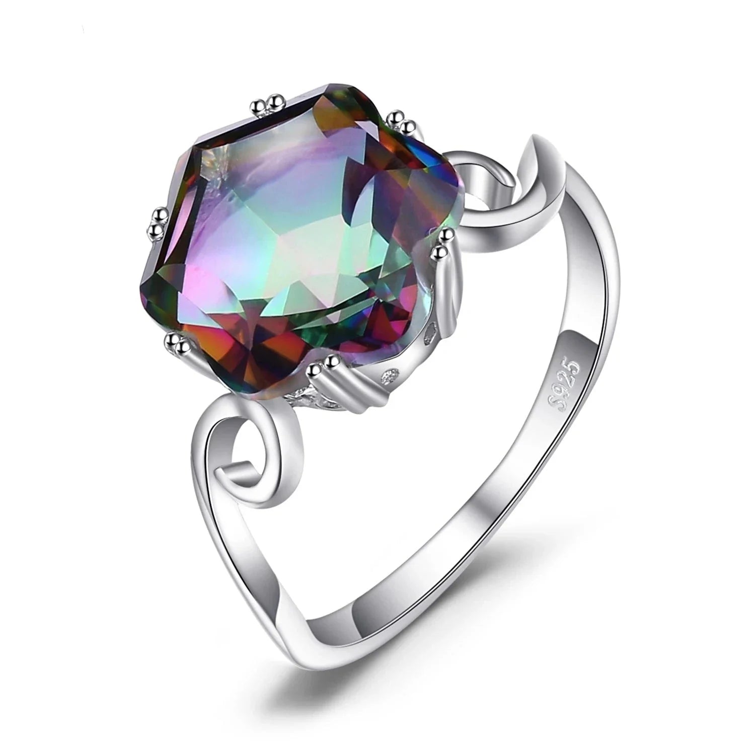 Flower Natural Rainbow Mystic Quartz 925 Sterling Silver Ring for Women Fine Jewelry