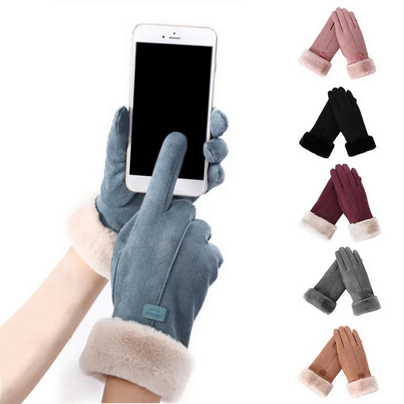 Cashmere Warm Suede Leather Cycling Mittens Double Thick Velvet Plush Wrist Women Touch Screen Driving Gloves-Dollar Bargains Online Shopping Australia