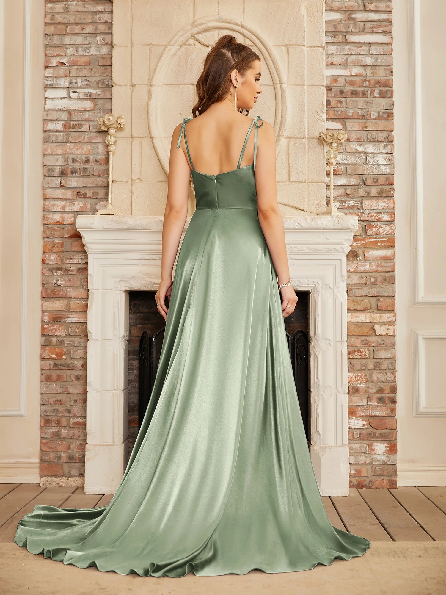 Soft Sliky Satin Bridesmaid Gown Cowl Neckline Thin Straps Leg Slit and Flowing A-line Skirt Women-Dollar Bargains Online Shopping Australia