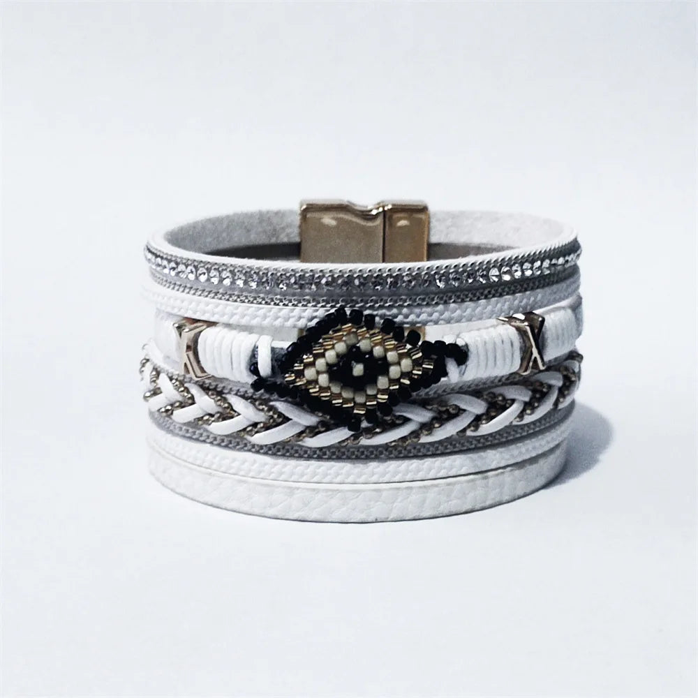 Multilayer Handwoven Leather Bracelet for Women Magnet Buckle Wide Bracelet Rice Bead Woven Devil's Eye Leather Bracelet-Dollar Bargains Online Shopping Australia