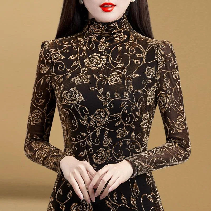 Women's Winter Autumn Style Blouse Shirt Women's Printed Turtleneck Long Sleeve Slim Elegant Tops-Dollar Bargains Online Shopping Australia